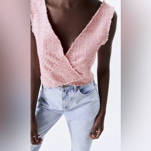 Zara Crop Top Women's Size Medium Pink Tweed V-Neck Structured Crossover NWT - Picture 2 of 12